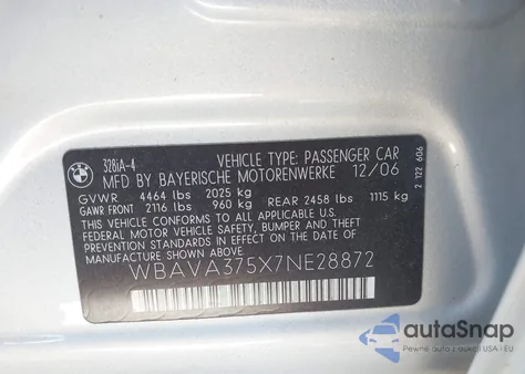 2007 BMW 328I из США, поврежденный, VIN WBAVA375X7NE28872